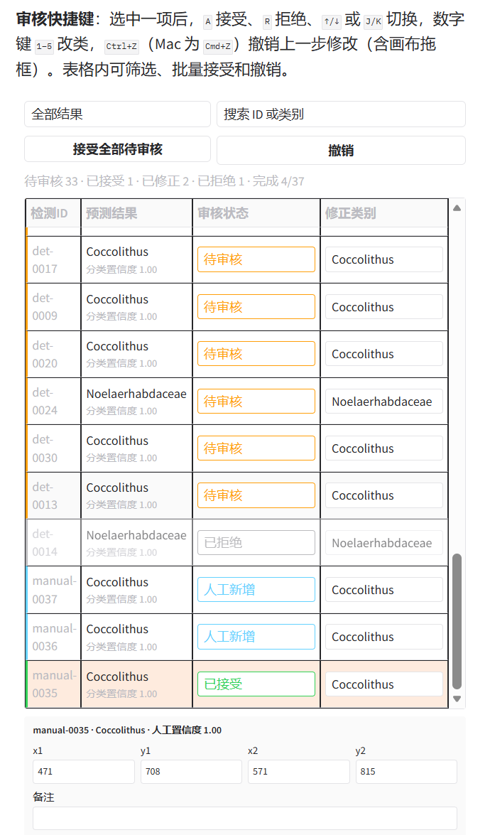模型预测结果对应的人工审核表格